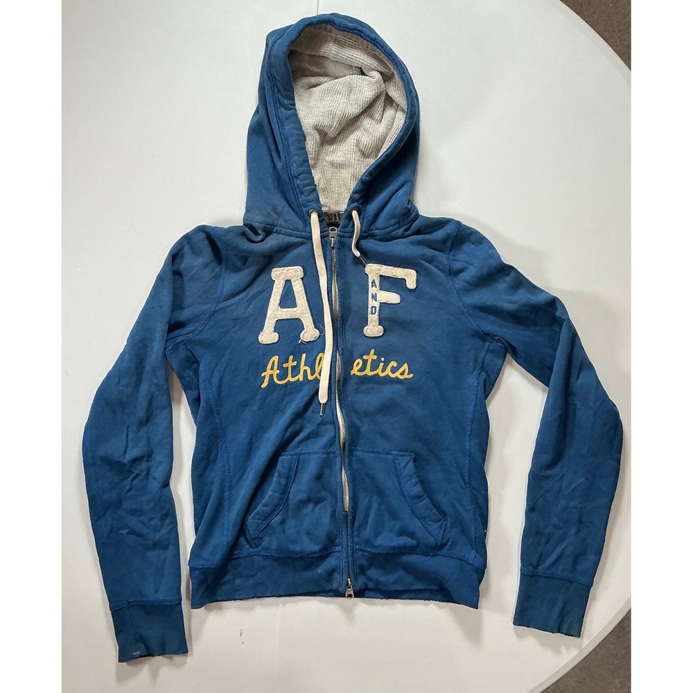 Y2K VTG Abercrombie Fitch Hoodie Mens M Blue Full Zip Varsity Indie Sleaze